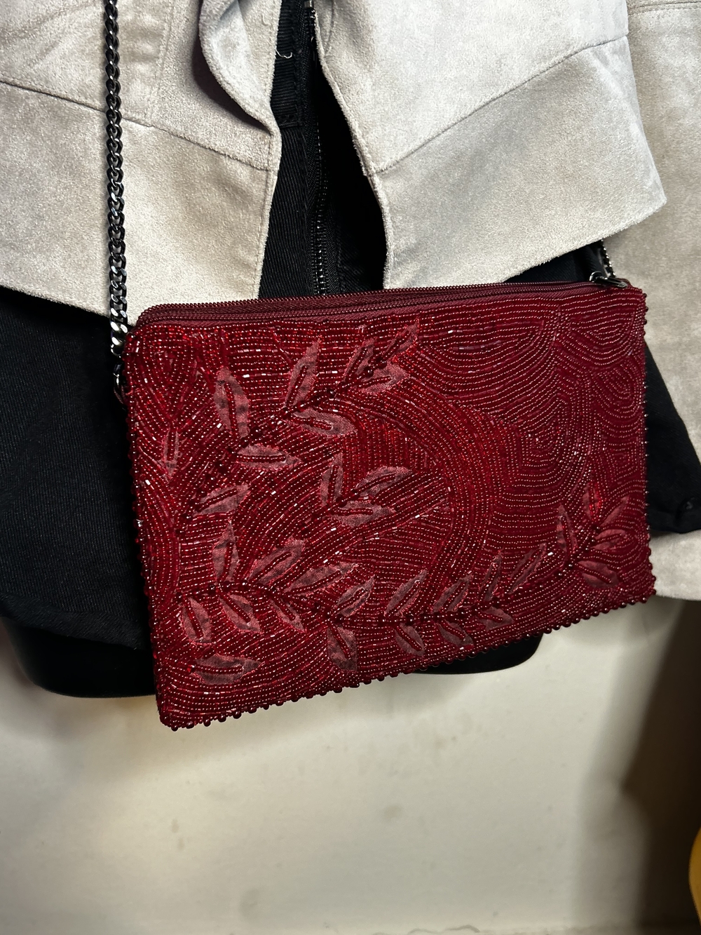 Red Beaded Crossbody Bag with Leaf Motif